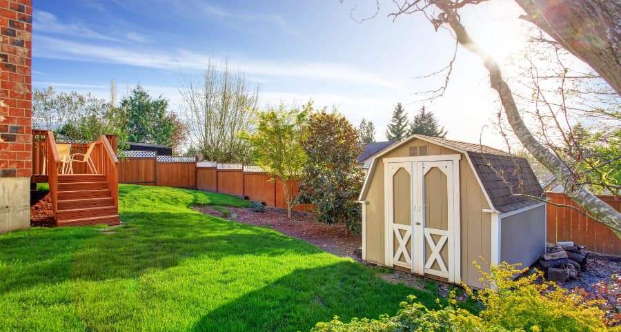 Fenced backyard with storage shed in San Antonio